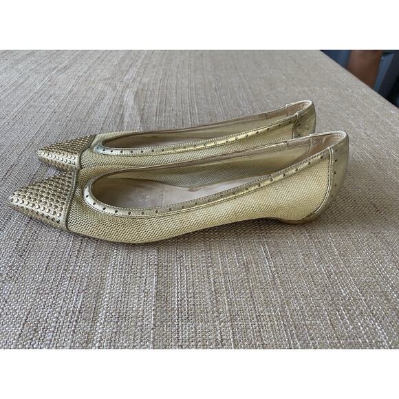 STUART WEITZMAN Leather Studded Cap-toe Mesh Tipper Flats shoes Women Gold 8.5 M - Picture 5 of 9